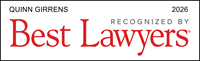 Quinn Girrens recognized by Best Lawyers in 2026 — an honor based entirely on peer review, reflecting professional excellence and the respect of fellow attorneys in the legal community. The official Best Lawyers badge appears in red and black text on a white background.